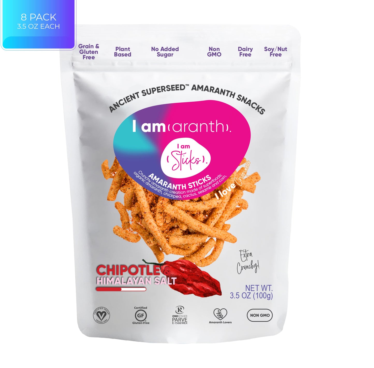 Eight-pack of BACKUPMYFILESNOW® Chipotle and Himalayan Salt Sticks, 3.5 oz each, featuring smoky and salty flavors in a convenient pack.