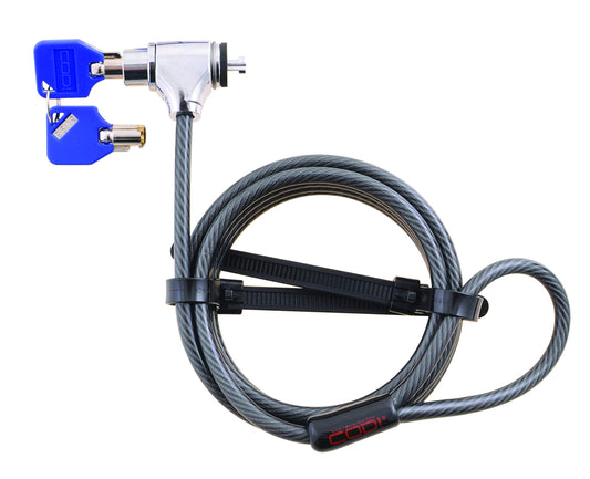 Black CODi Key Cable Lock securing a laptop and monitor, providing integrated security for desktops and portable devices.
