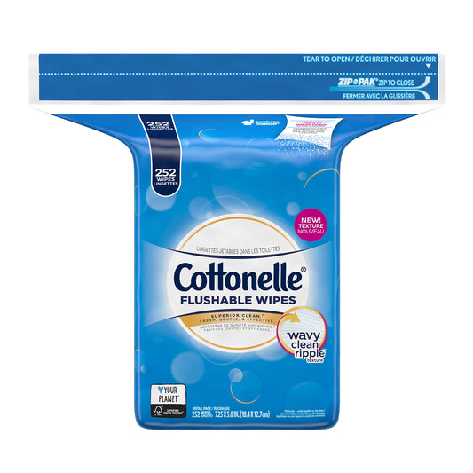 Cottonelle FreshCare flushable wet wipes refill pack with 252 wipes for personal hygiene, biodegradable packaging varies