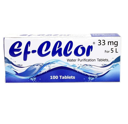 BackupMyFilesNow Ef-Chlor water purification tablets, 33 mg, pack of 100, for emergency drinking water treatment and camping use.