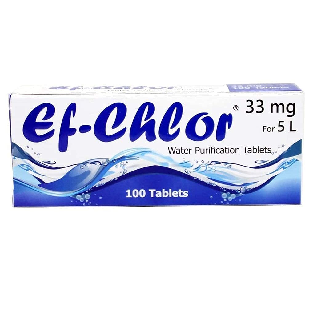 BackupMyFilesNow Ef-Chlor water purification tablets, 33 mg, pack of 100, for emergency drinking water treatment during travel or camping.