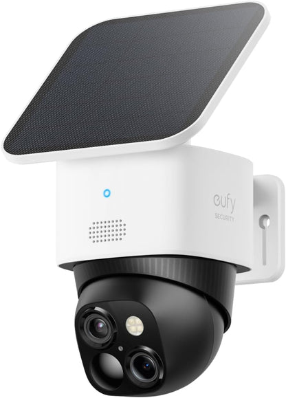 Eufy Security SoloCam S340 solar wireless outdoor camera with 360° pan and tilt, no blind spots, 2.4 GHz Wi-Fi, and HomeBase S380 compatibility
