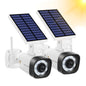 Two white Techage solar-powered fake security cameras with red LED lights and motion detection for outdoor surveillance.