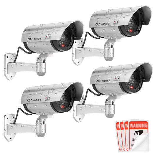 Set of four FITNATE dummy security cameras with red flashing LEDs for indoor and outdoor CCTV surveillance, includes warning stickers.