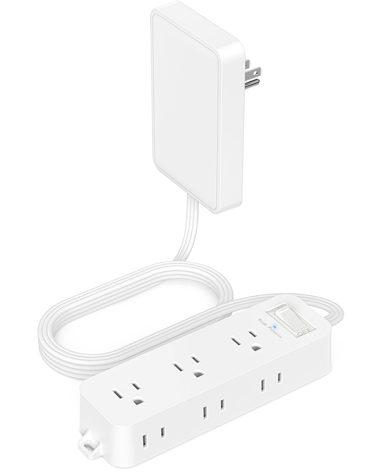 White flat outlet extender with 6 sockets, detachable cover, 5 ft cord, wall-mount design for home, office, or dorm use.