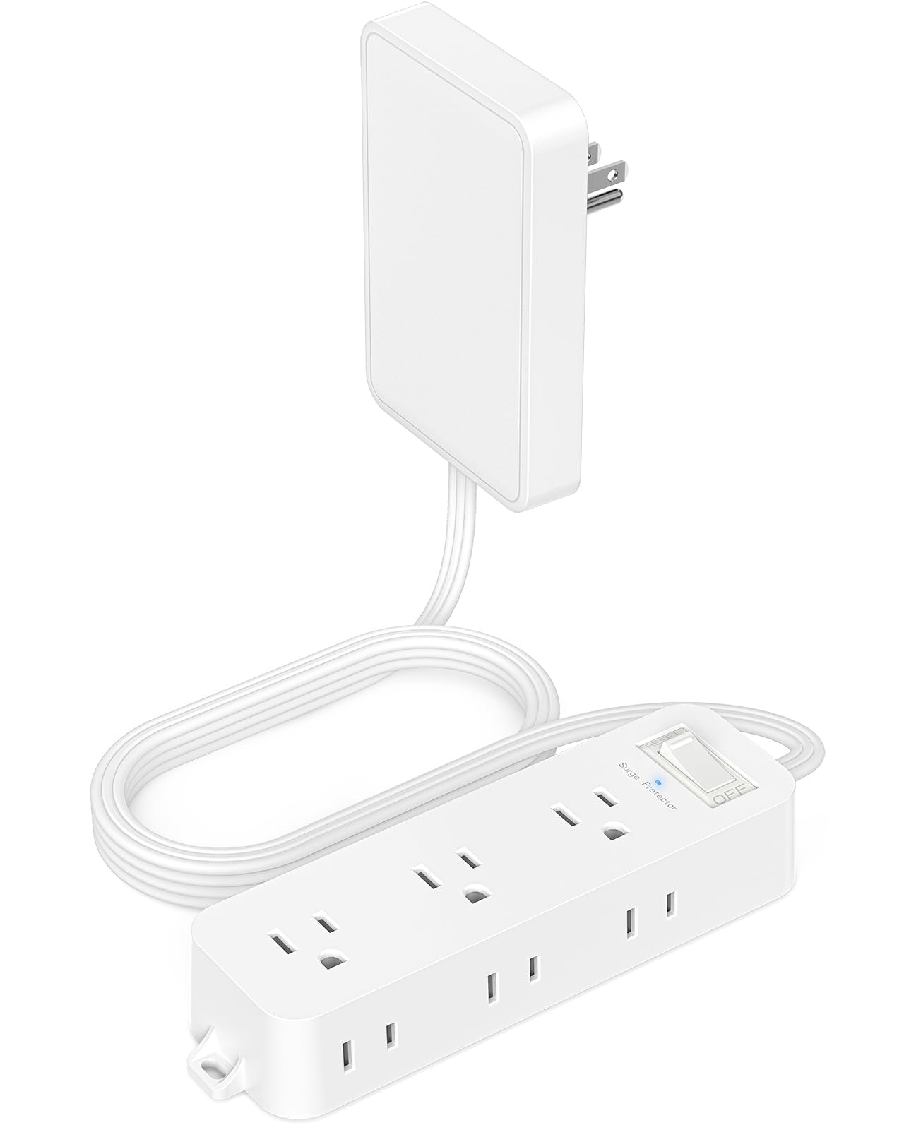 White flat outlet extender with 6 sockets, detachable cover, 5 ft cord, wall-mount design for home, office, or dorm use.