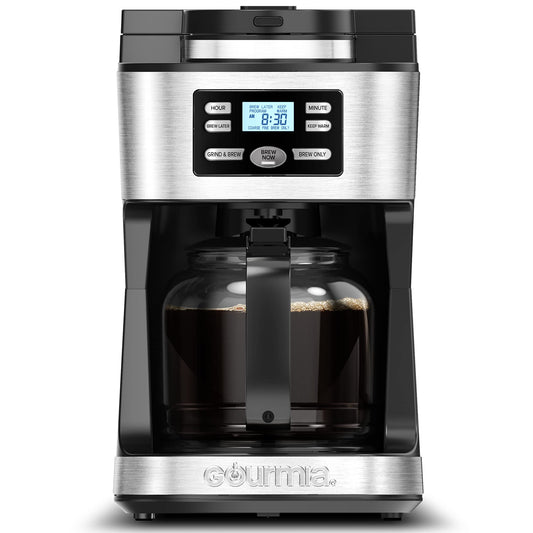 Gourmia 12-cup fully automatic digital coffee machine with stainless steel filter, built-in grinder, and keep warm feature in black and silver.