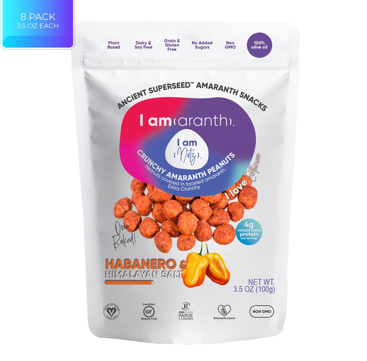 Spicy habanero and Himalayan salt peanuts in an 8-pack, 3.5 oz each, showing salted peanuts with habanero seasoning.