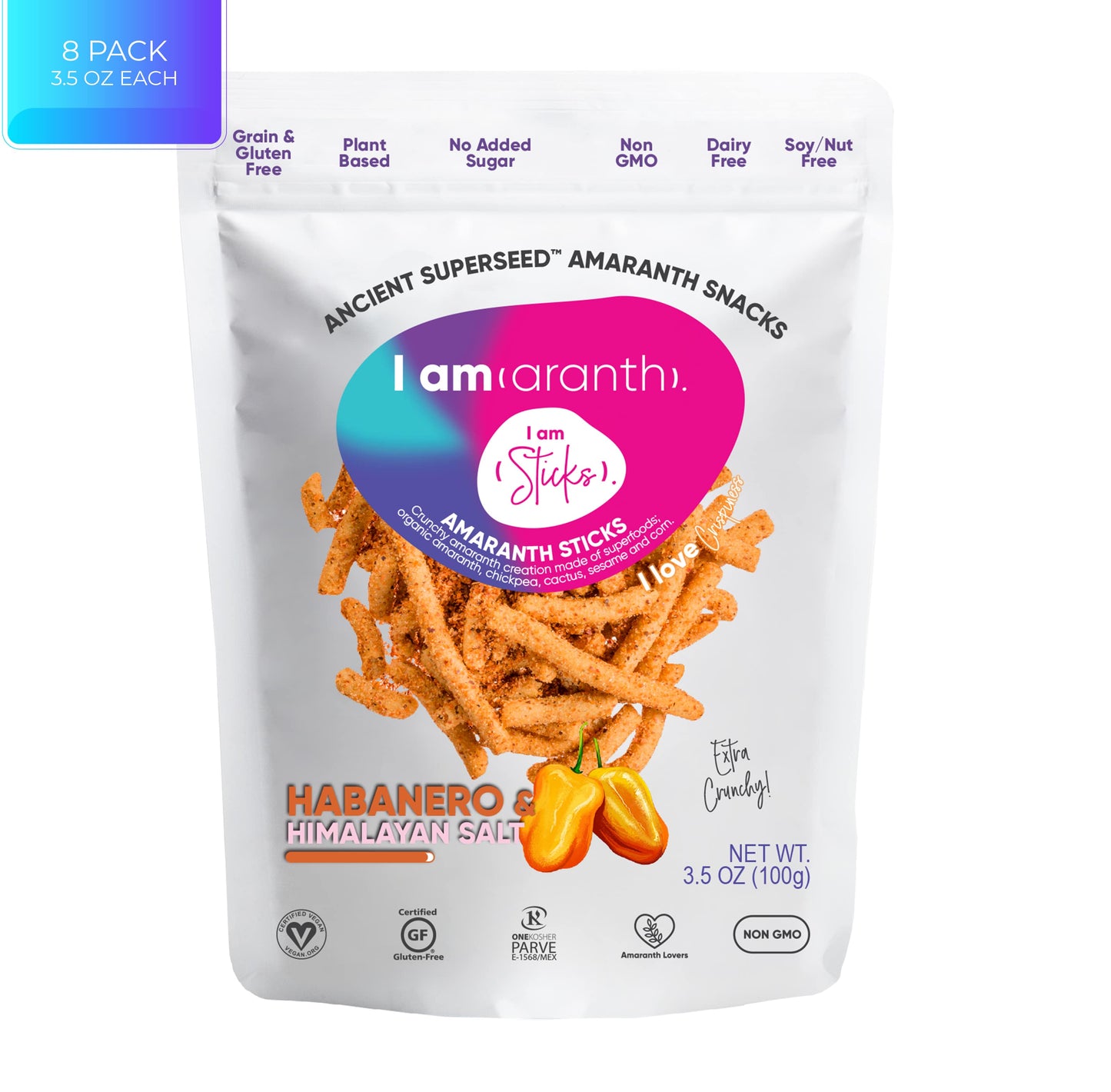 Spicy habanero and Himalayan salt sticks in an 8-pack, 3.5oz, from BACKUPMYFILESNOW® with vibrant orange habanero peppers.