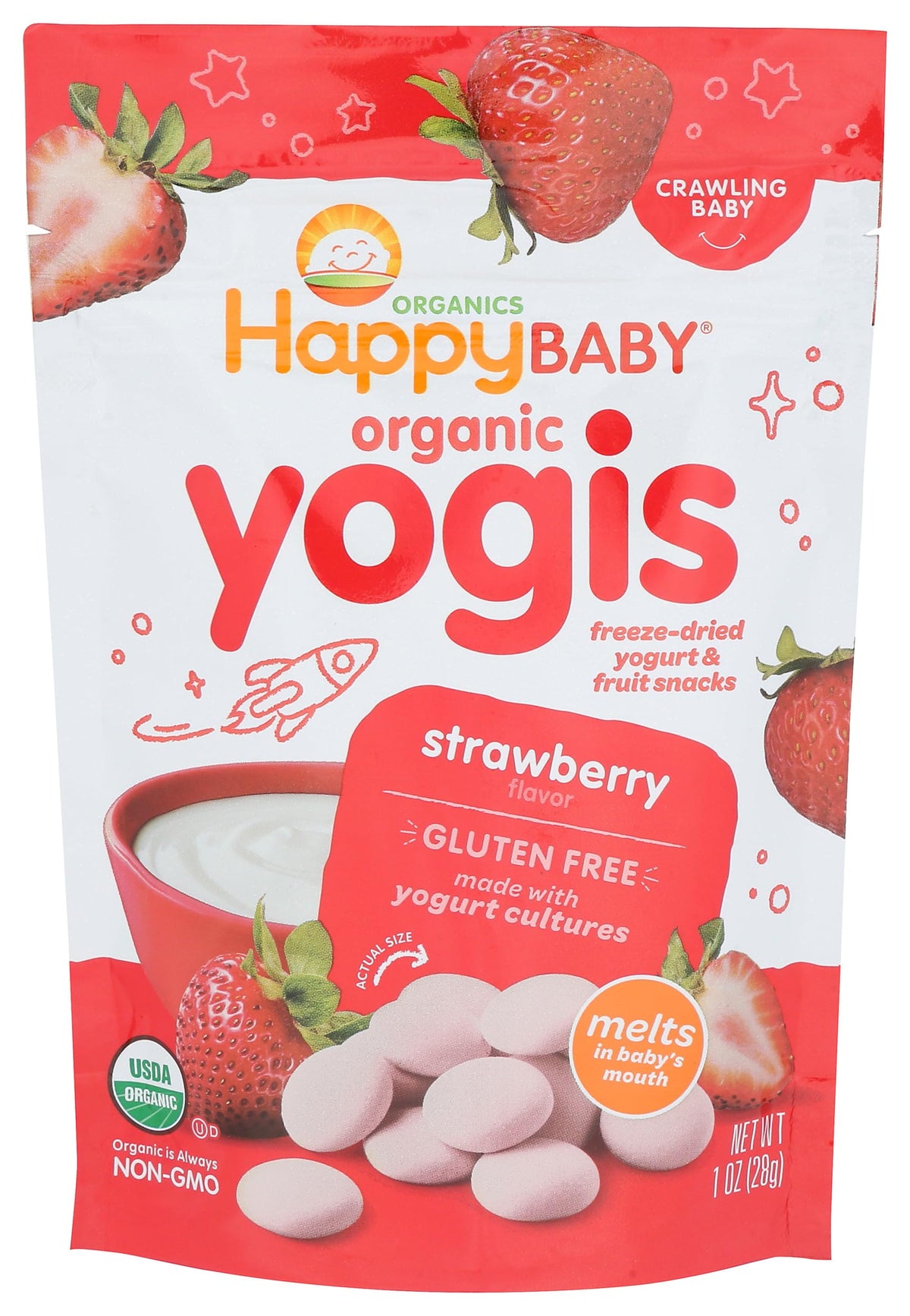 Organic strawberry yogurt snacks for babies in 1 oz package by BACKUPMYFILESNOW.COM®. Kid-friendly, natural fruit-flavored baby treat.