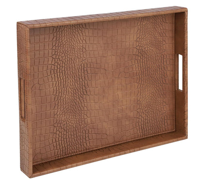 Antique brown faux leather HofferRuffer rectangle serving tray with hole handles, perfect for coffee table or breakfast service.