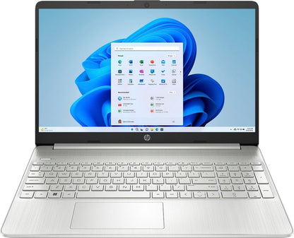 HP 15.6-inch HD touch-screen laptop with Intel Core i3, 8GB RAM, 128GB SSD, natural silver finish, running Windows 11 Home.