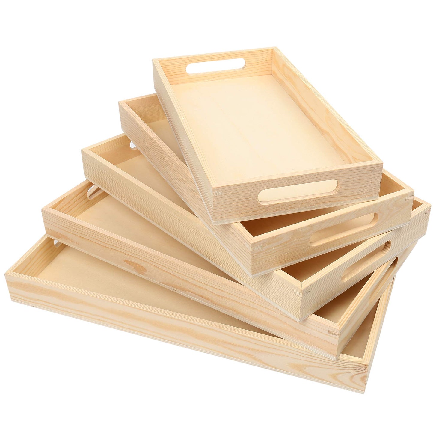 Set of five natural wood nested serving trays with handles, ideal for craft projects, decor, and food organization.