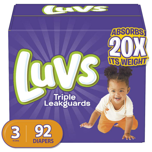 Luvs Diapers Size 3, 92 count, pack of disposable baby diapers with soft material and adjustable fit.