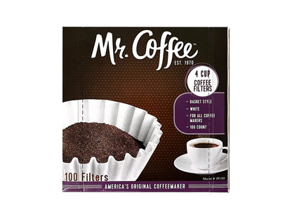 Mr. Coffee 4-cup coffee filters, 100-pack, compatible with Mr. Coffee brewers, in a clear package with filters visible inside.