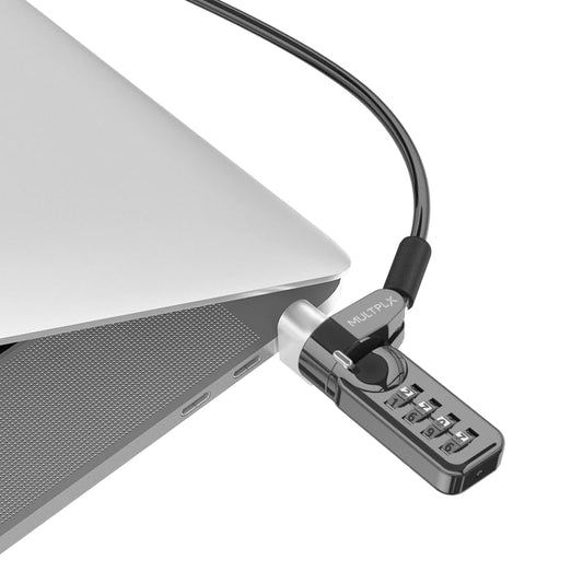 BackupMyFilesNow Multplx universal laptop security lock with 4-digit combo, steel cable, suitable for laptops, tablets, and notebooks.