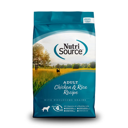NutriSource Adult Dog Food with chicken, rice, and wholesome grains in a 15lb bag, dry dog food designed for adult dogs.