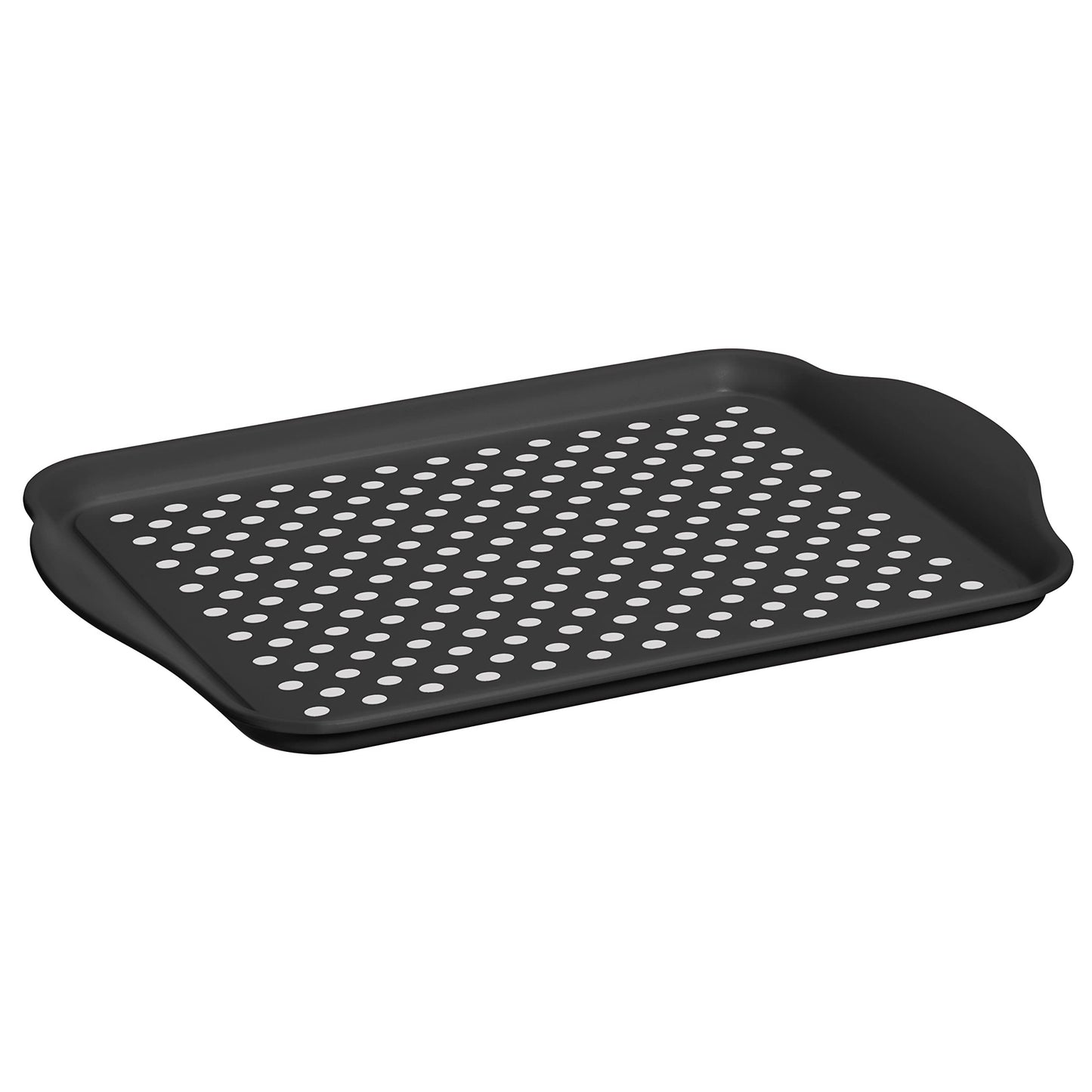 Black Oggi anti-slip serving tray with handles, rectangle shape, ideal for breakfast, food, and appetizer serving, 17.5 x 11.5 inches.
