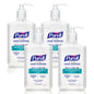 Purell 2-in-1 Moisturizing Hand Sanitizer Gel in 12 oz pump bottles, pack of 4, with labels showing brand and product details.