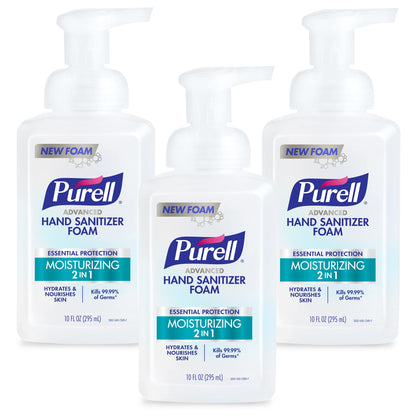 Purell Advanced Hand Sanitizer 2in1 moisturizing foam in 10 oz pump bottles, naturally fragranced with essential oils, pack of 3.