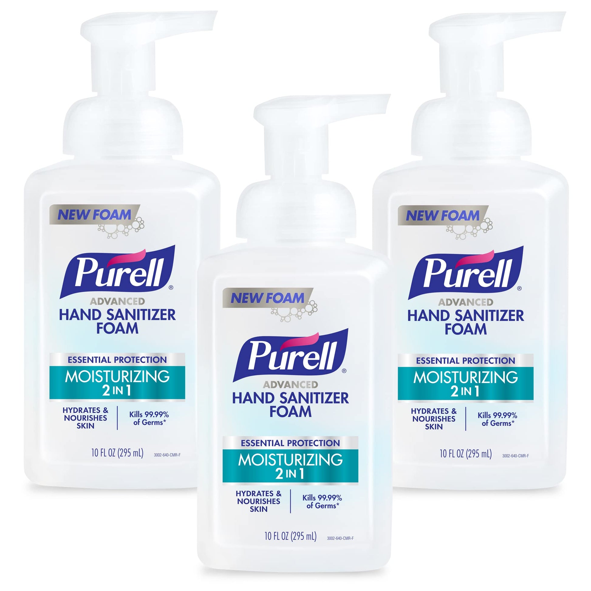 Purell Advanced Hand Sanitizer 2in1 moisturizing foam in 10 oz pump bottles, natural fragrance with essential oils, pack of 3.