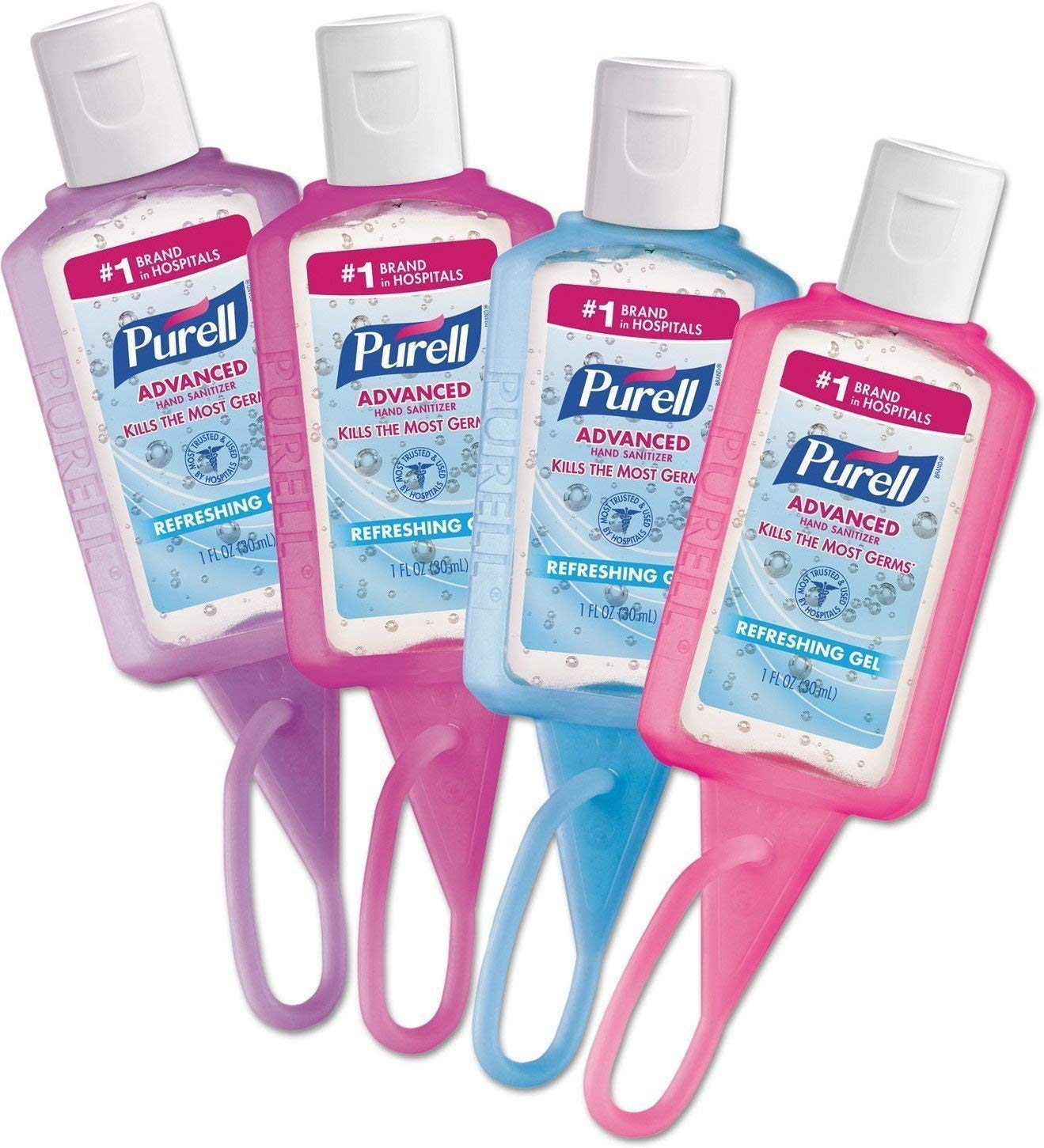 Four 1 fl oz bottles of Purell Advanced Hand Sanitizer Jelly wraps, portable and disinfectant hand sanitizer from BACKUPMYFILESNOW.COM®.