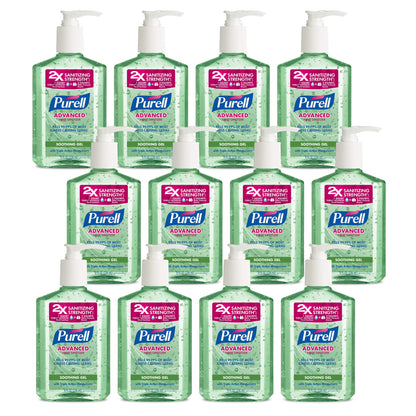 Purell Advanced Hand Sanitizer soothing gel with aloe and vitamin E in 8 fl oz pump bottles, pack of 12, displayed in bottles.