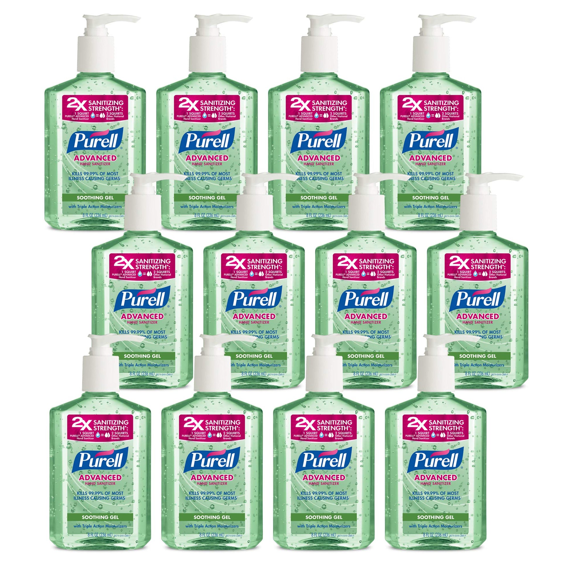 Purell Advanced Hand Sanitizer soothing gel with aloe and vitamin E in 8 oz pump bottles, pack of 12, shown in individual bottles.