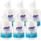 Pack of six PURELL hand sanitizing wipes canisters, fragrance-free alcohol formula, 175 wipes each, white canisters for hygiene.