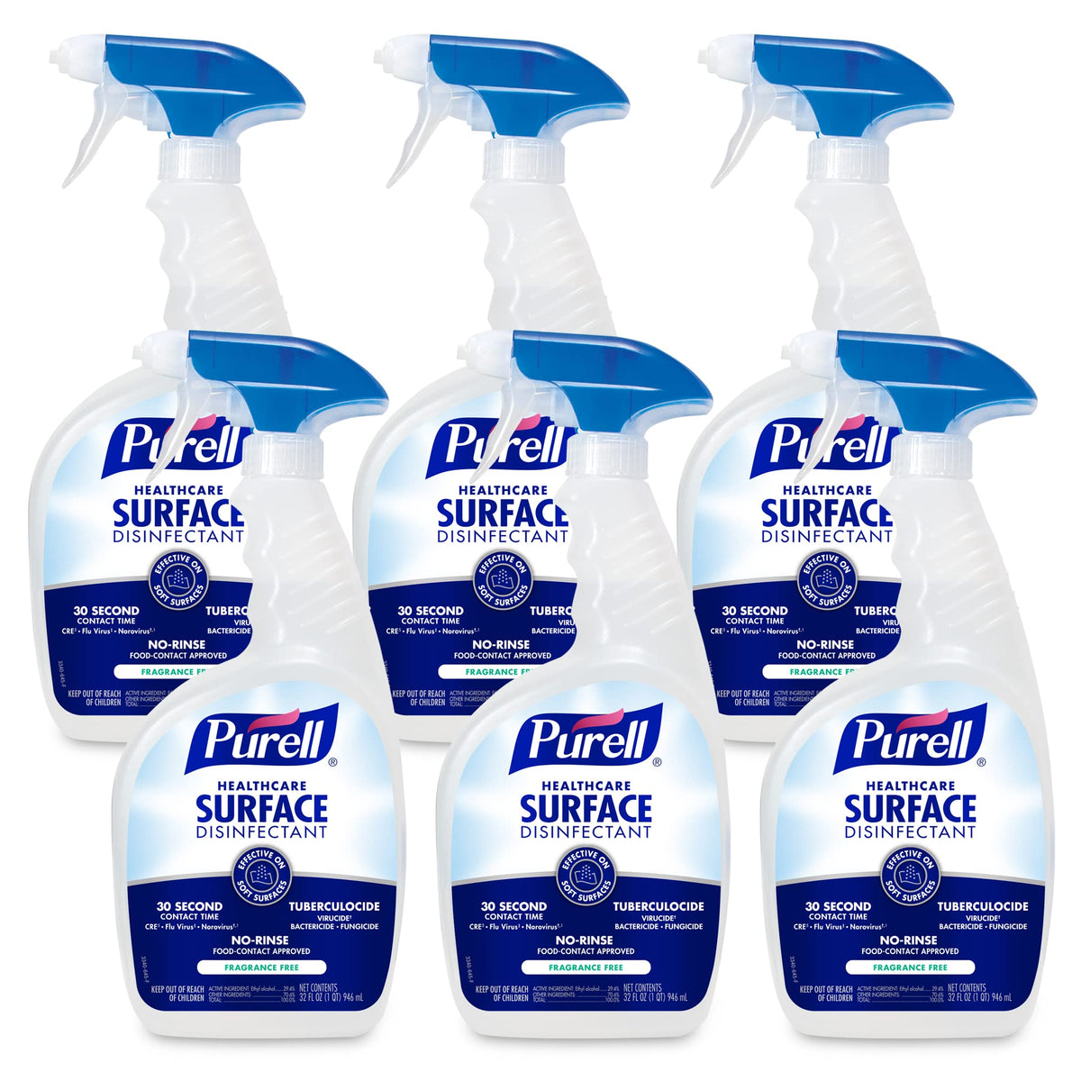 Six 32 fl oz bottles of PURELL Healthcare Surface Disinfectant Spray with spray triggers, fragrance-free, in capped bottles.