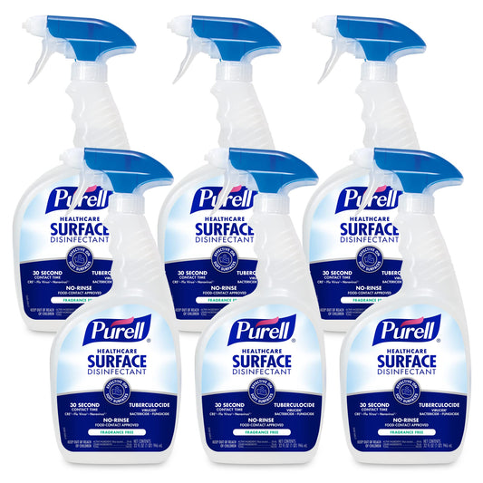 Six 32 fl oz bottles of PURELL Healthcare Surface Disinfectant Spray with spray triggers, fragrance-free, in capped bottles.