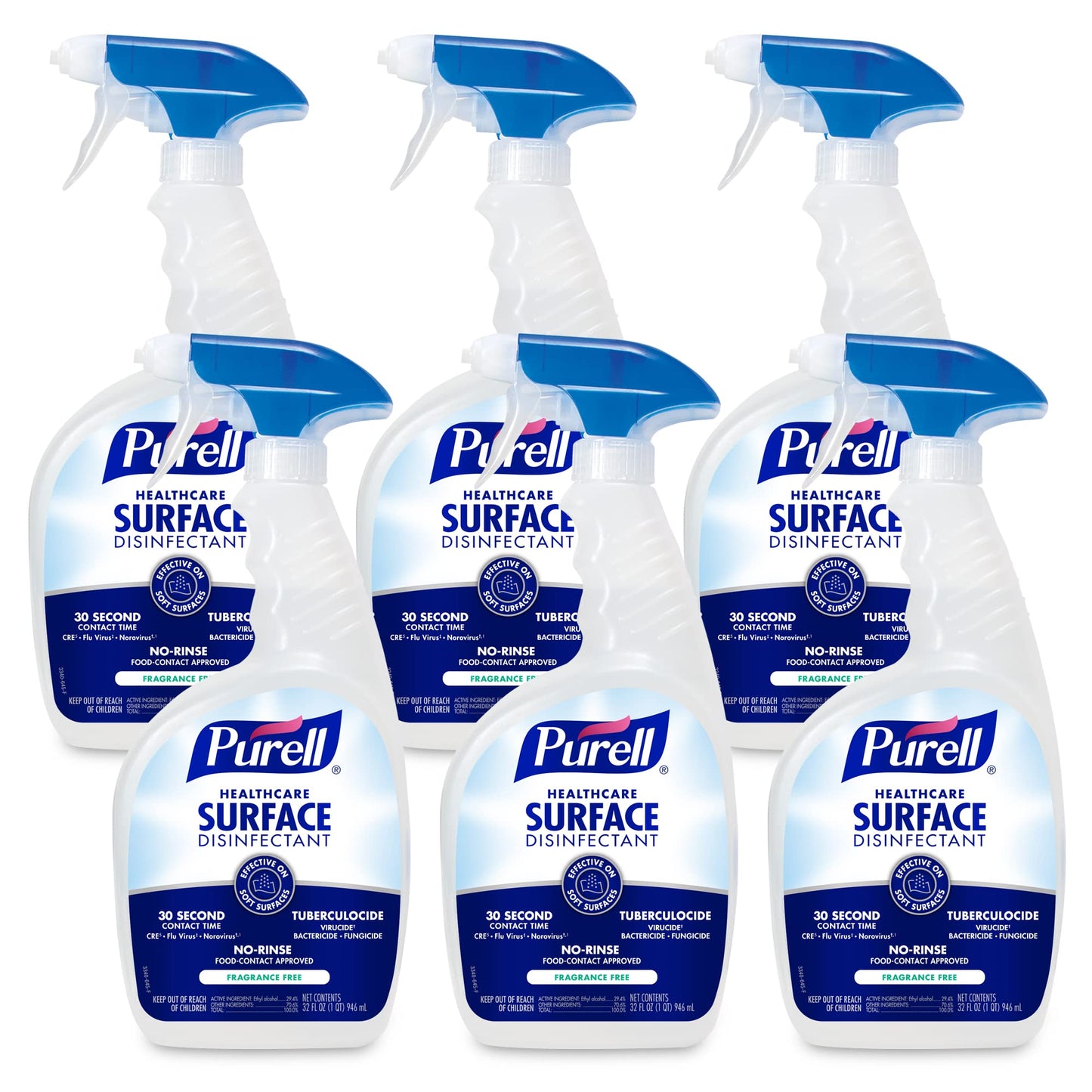 Six bottles of PURELL Healthcare Surface Disinfectant Spray, 32 oz, fragrance-free with spray trigger, in capped bottles.