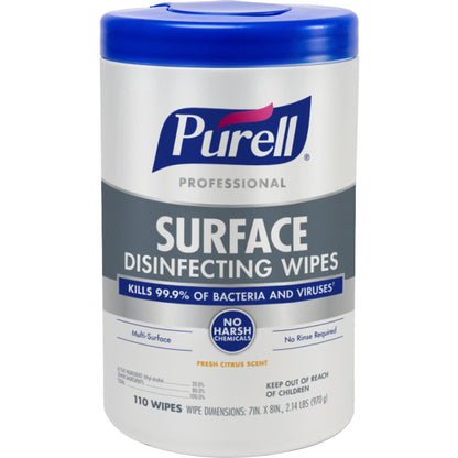 Purell Professional Surface Disinfecting Wipes in canister, 7" x 8", 110 wipes for cleaning and disinfecting surfaces.