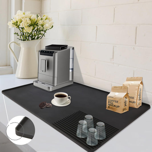 Silicone coffee mat for countertop, 24x16 inches, designed for coffee stations and coffee machine accessories.