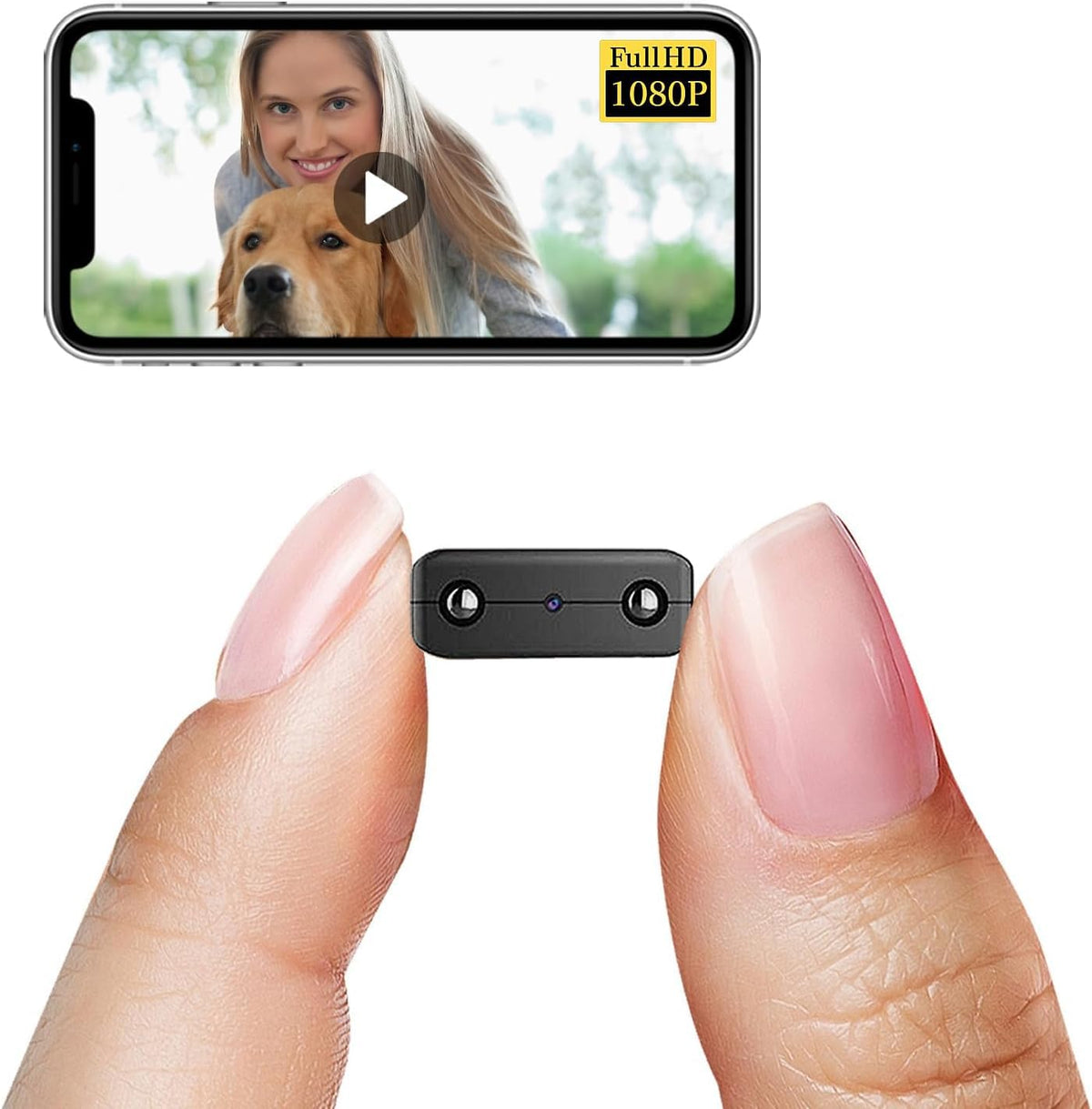 Small wireless WiFi security camera with HD 1080P, night vision, motion detection, and cloud storage for indoor and outdoor use.