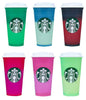 Set of 6 Starbucks Plastic Holiday 2021 color-changing reusable hot cups with lids, featuring festive holiday designs.