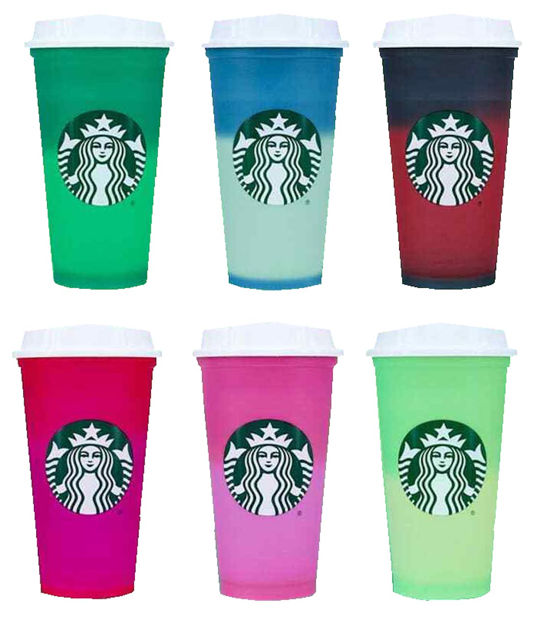 Set of 6 Starbucks plastic holiday 2021 color-changing reusable hot cups with lids, featuring festive seasonal designs.