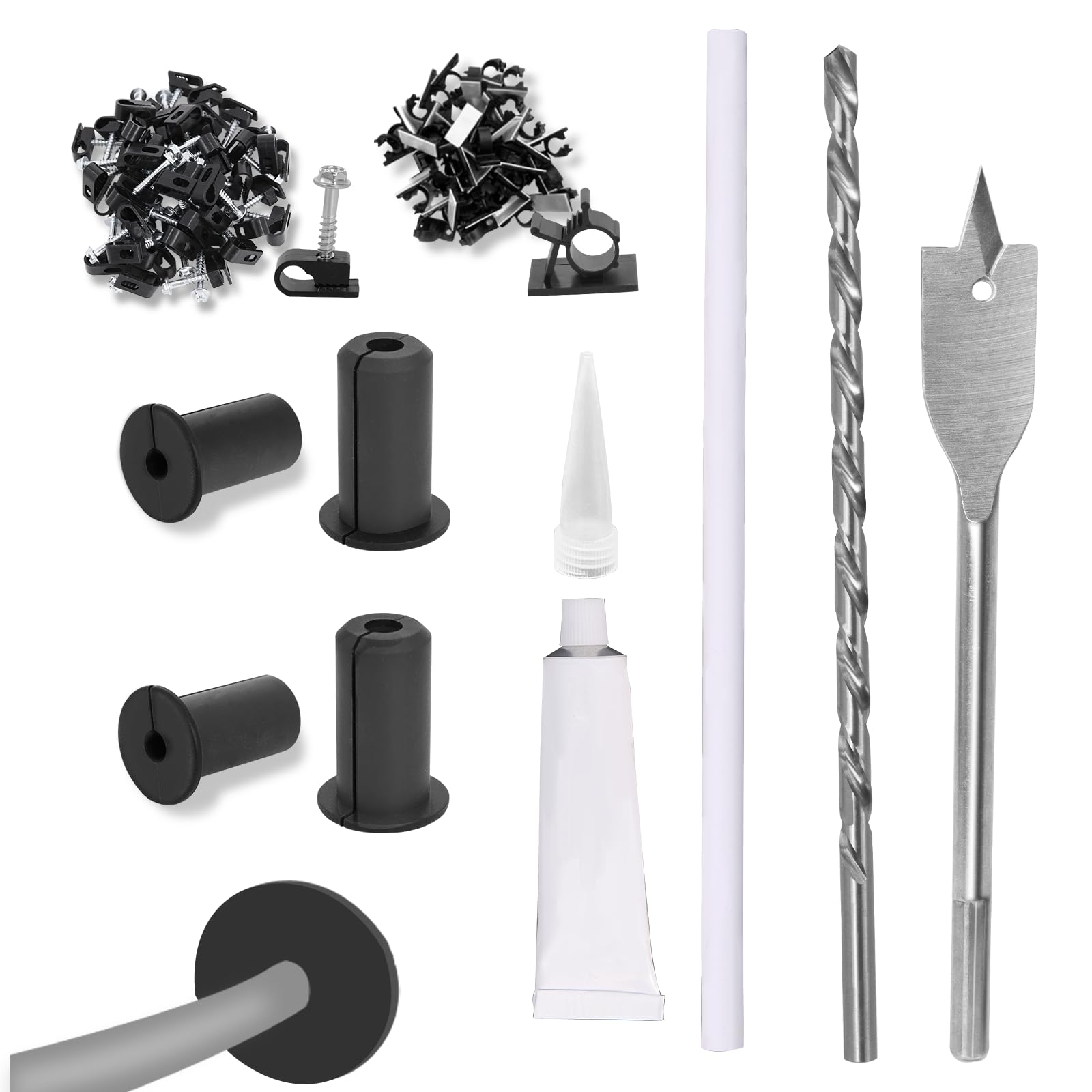 Starlink Cable Routing Kit with 3/4-inch grommets, drill bits, and wall wire clips for secure cable pass-through and mounting.