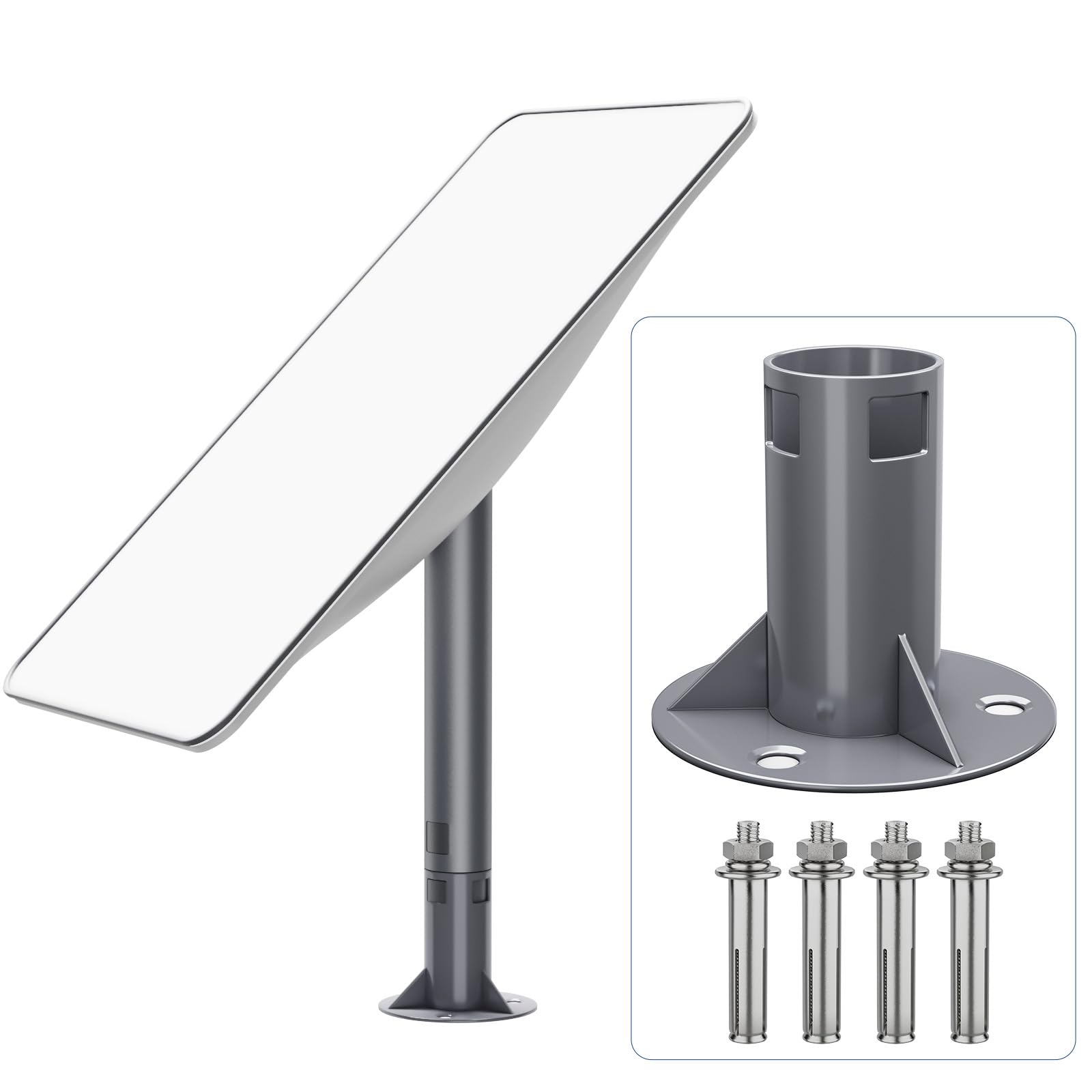 Starlink Gen 2 metal fixed base and pole mount with stainless steel pipe adapter for satellite receiver installation.