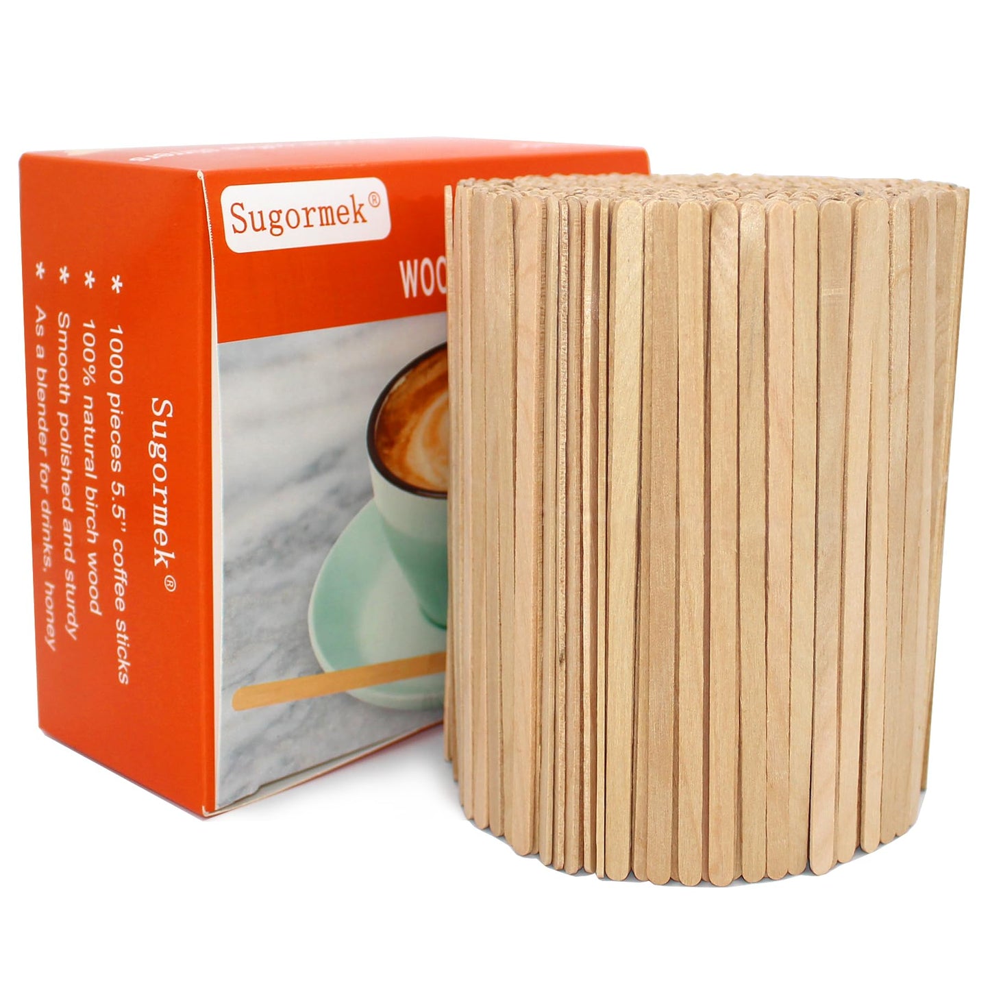 Sugormek1000PCS 5.5-inch wooden coffee stirrers with smooth rounded edges, disposable coffee stir sticks for coffee and cocktails.