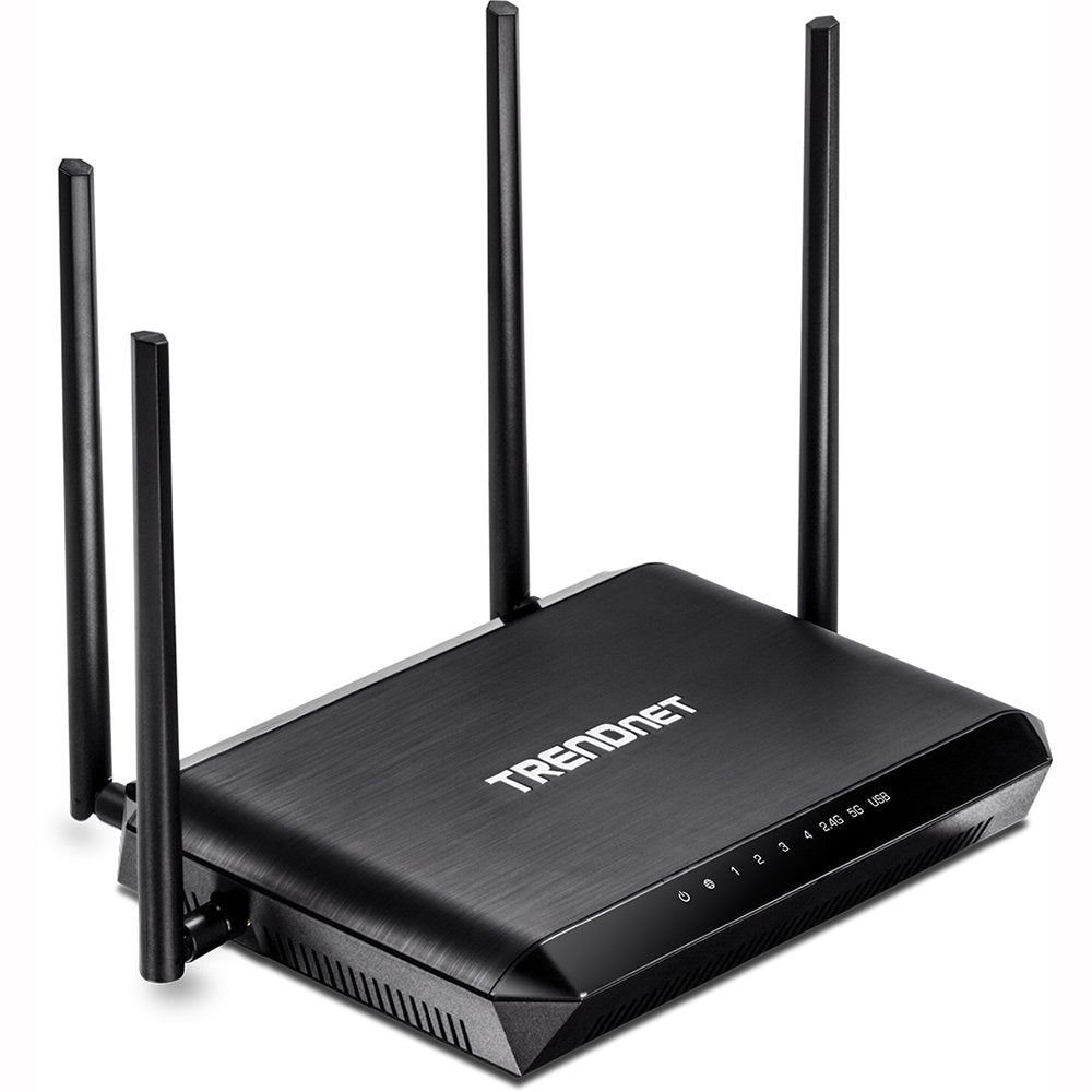 Trendnet AC2600 MU-MIMO wireless gigabit router in black, with dual-band WiFi, beamforming, and four-stream support for home use.