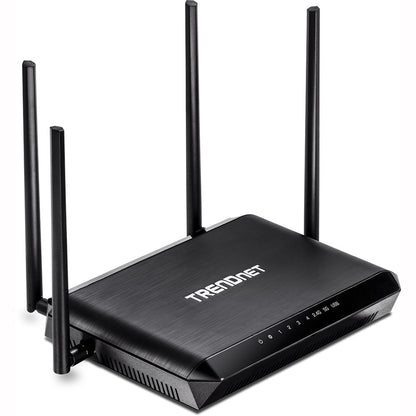 Trendnet AC2600 MU-MIMO wireless gigabit router in black, with dual-band WiFi, beamforming, and four-stream support for home use.