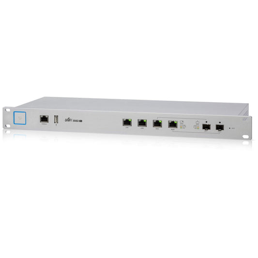 Ubiquiti Networks UniFi Security Gateway Pro (USG-PRO-4) router, black device with ports, used for network security and management