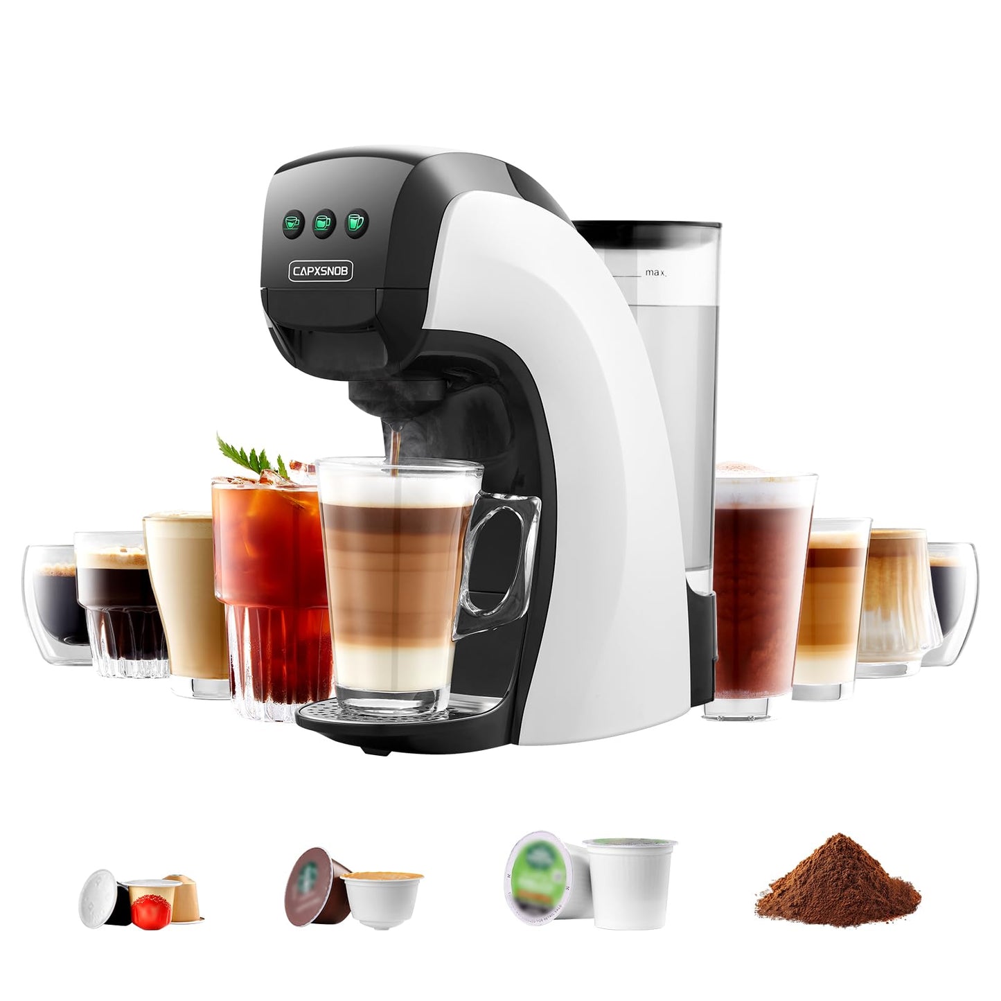 Warriors1 coffee maker for Keurig, Nespresso, Dolce Gusto pods, ground coffee, with 20 bar pressure and 28 oz reservoir.