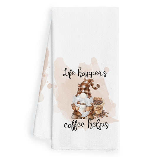 Set of two WFSM Coffee Gnomes kitchen towels featuring coffee-themed gnome designs, ideal for coffee bar or kitchen decor.