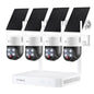 XMARTO 4-set wireless solar PTZ security camera system with 2K resolution, expandable WiFi NVR, all-weather design, and 90-day storage