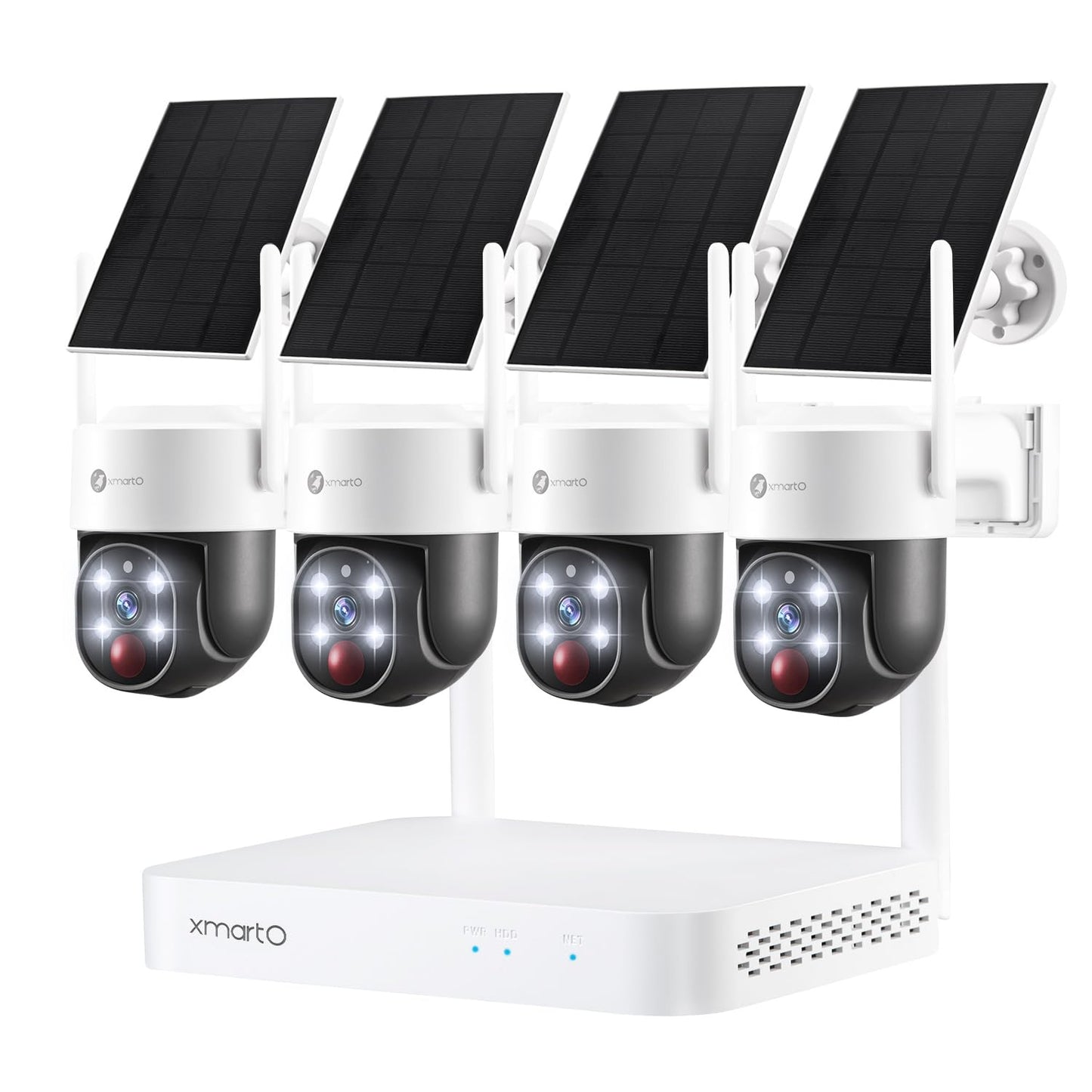 XMARTO 4-set wireless solar home security cameras with 2K QHD resolution, all-weather design, and expandable WiFi NVR system.