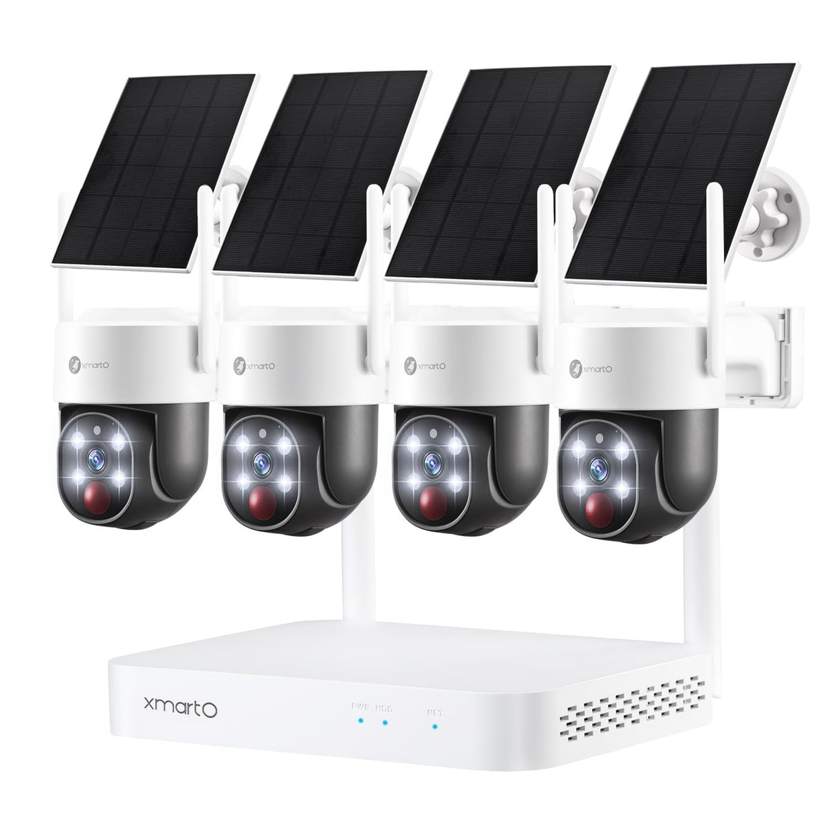 XMARTO 4-set wireless solar home security cameras with 2K QHD resolution, all-weather design, and expandable WiFi NVR system.