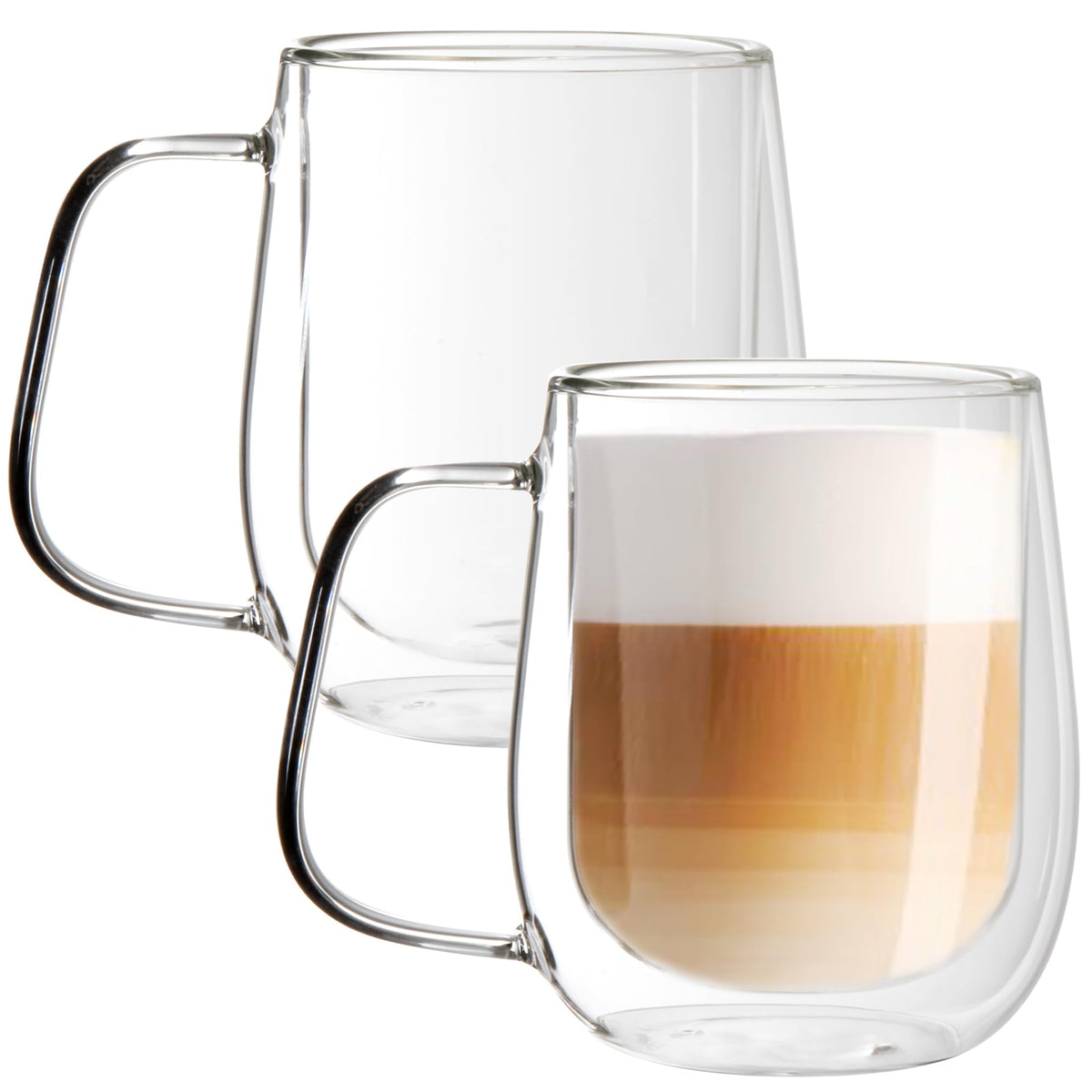 Youngever 2-pack glass coffee cups with handles, double wall insulated thermo mugs, 15 oz capacity, clear glass design