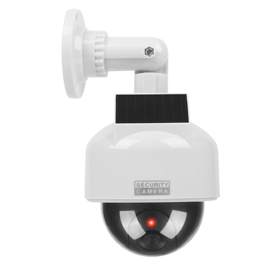 Fake CCTV security dome camera with flashing red LED light and warning sticker, designed for indoor and outdoor security deterrence.